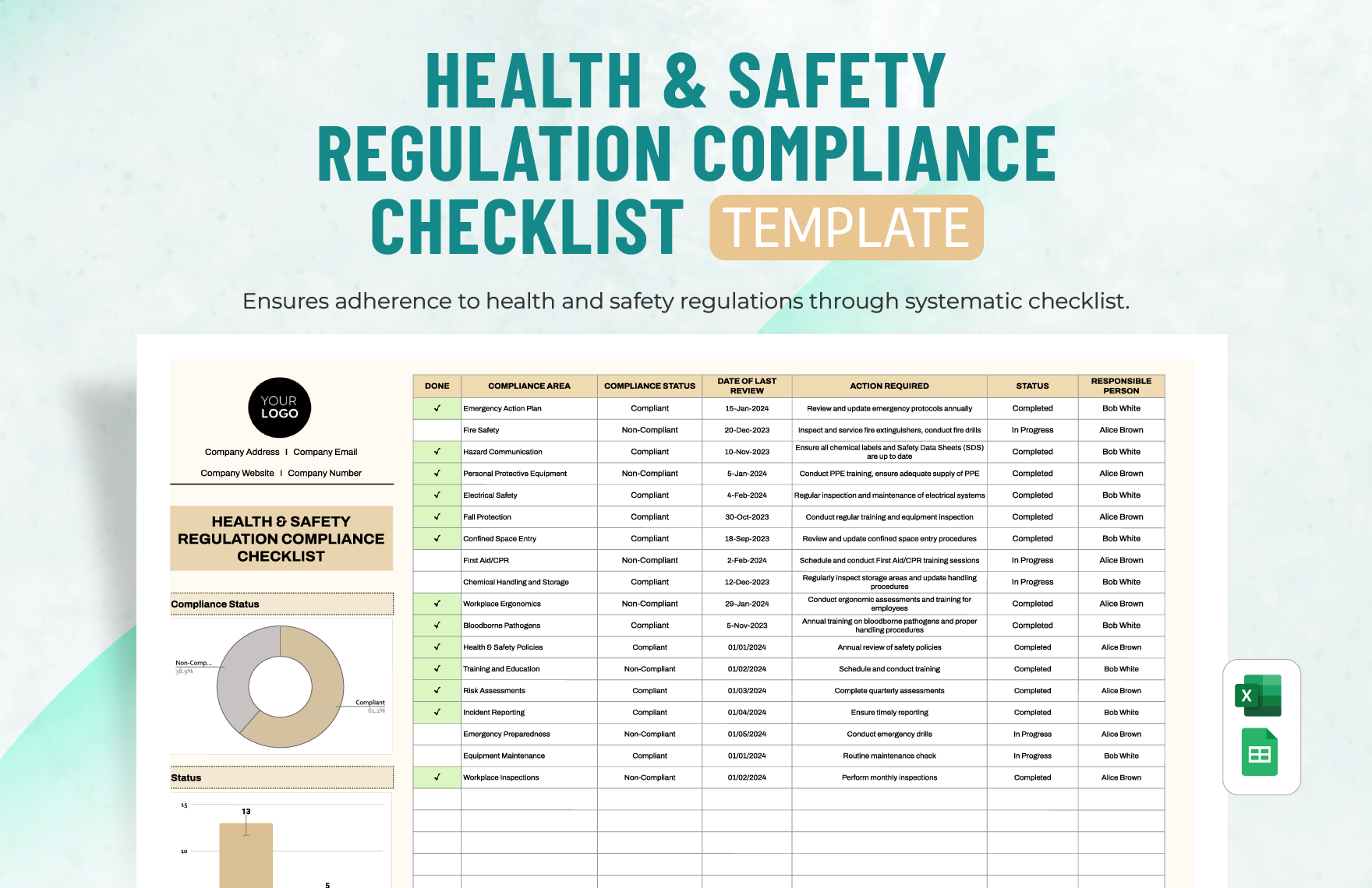 Health & Safety Regulation Compliance Checklist Template in Excel, Google Sheets