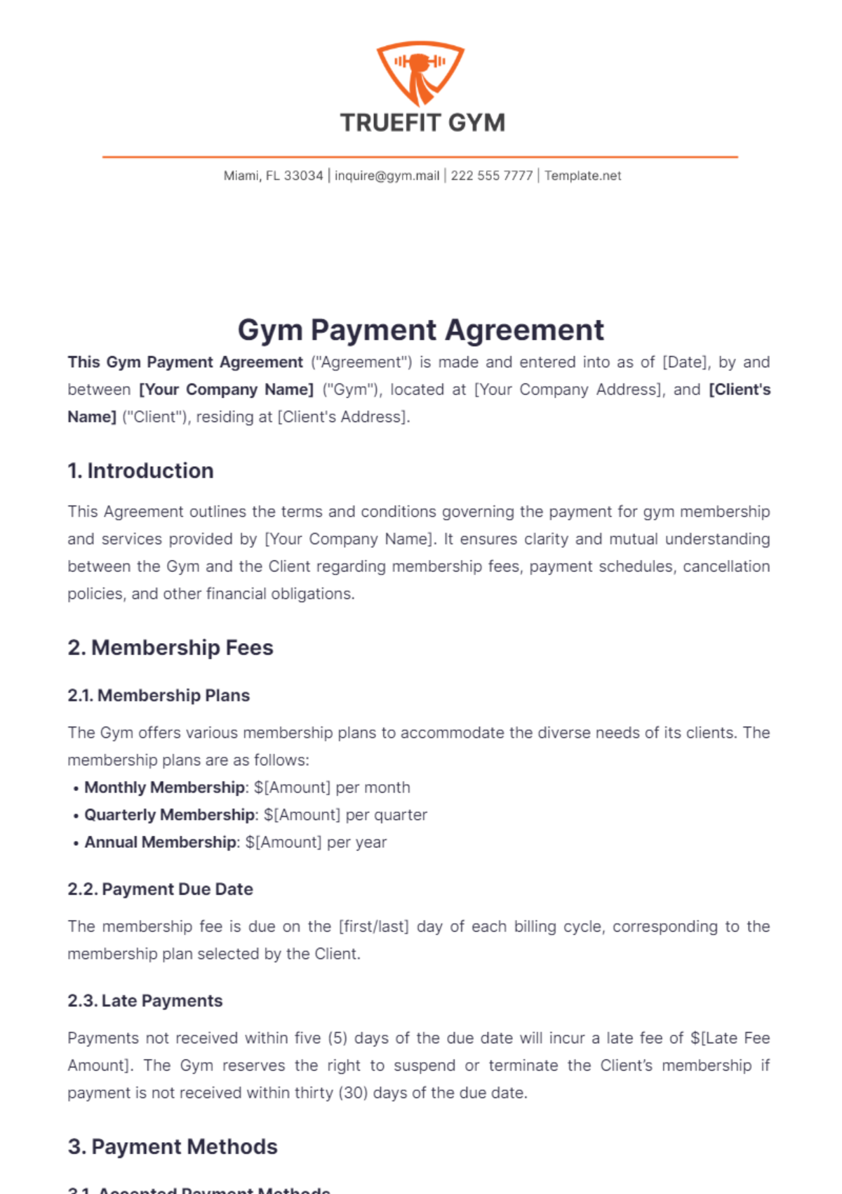 Gym Payment Agreement Template - Edit Online & Download