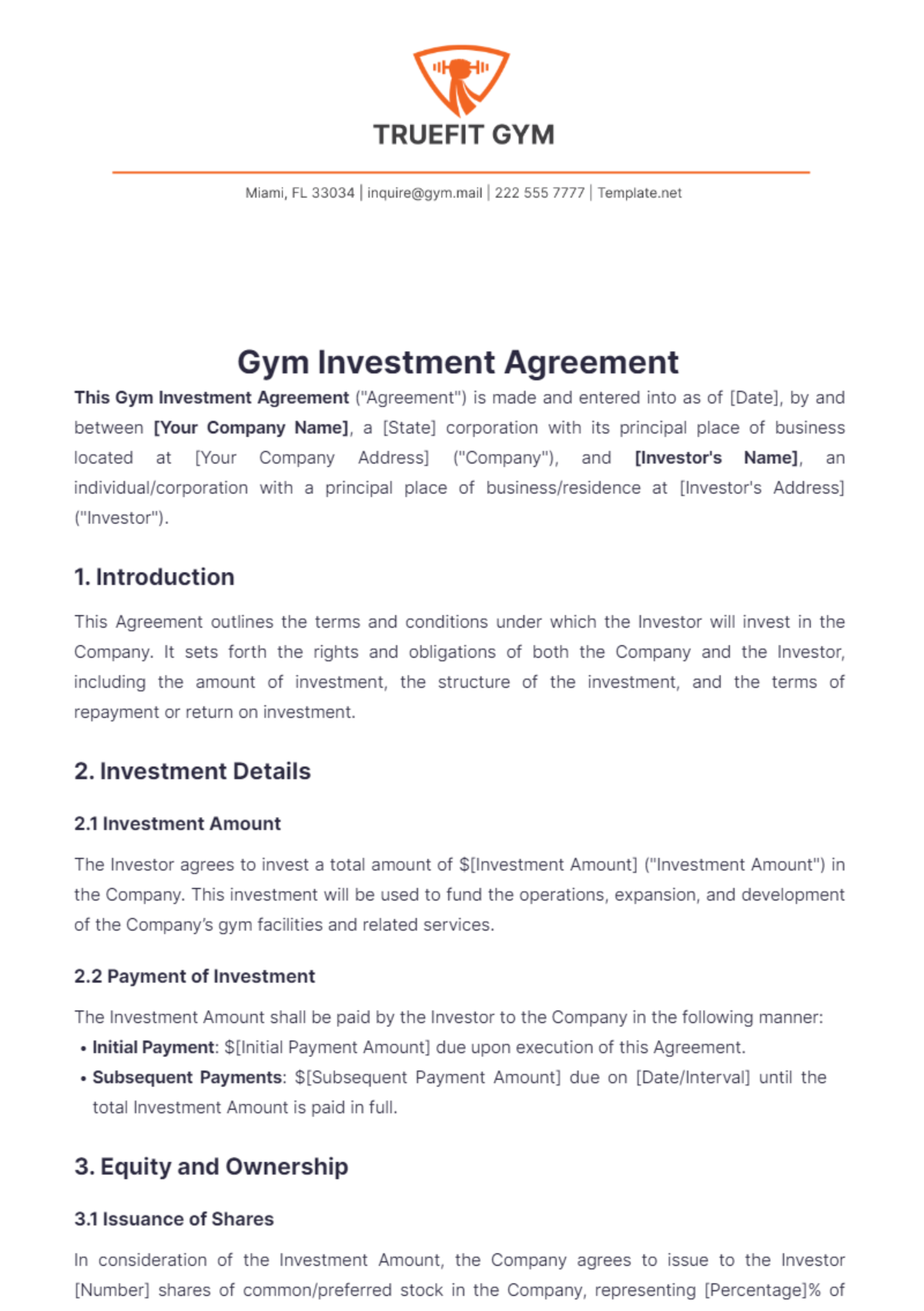 Gym Investment Agreement Template - Edit Online & Download