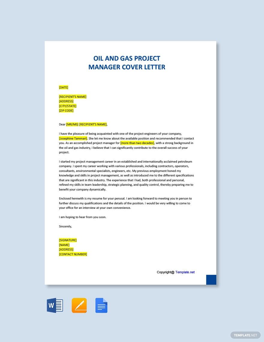 Free Oil and Gas Project Manager Cover Letter in Word, Google Docs, PDF, Apple Pages