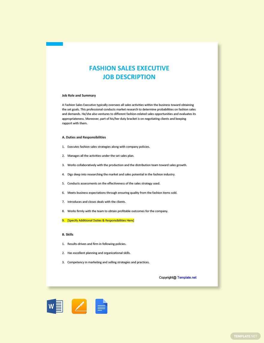 Fashion Sales Manager Job Ad and Description Template