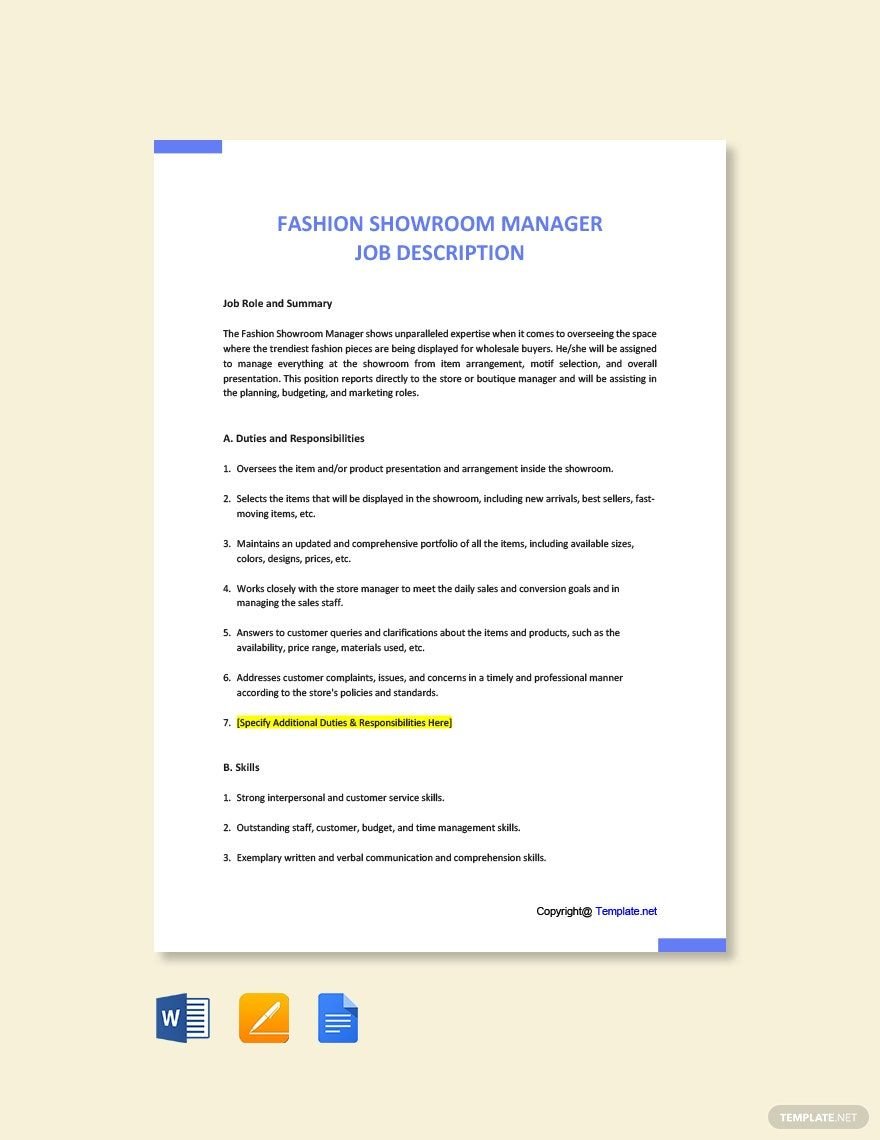 Free Fashion Showroom Manager Job Description Template