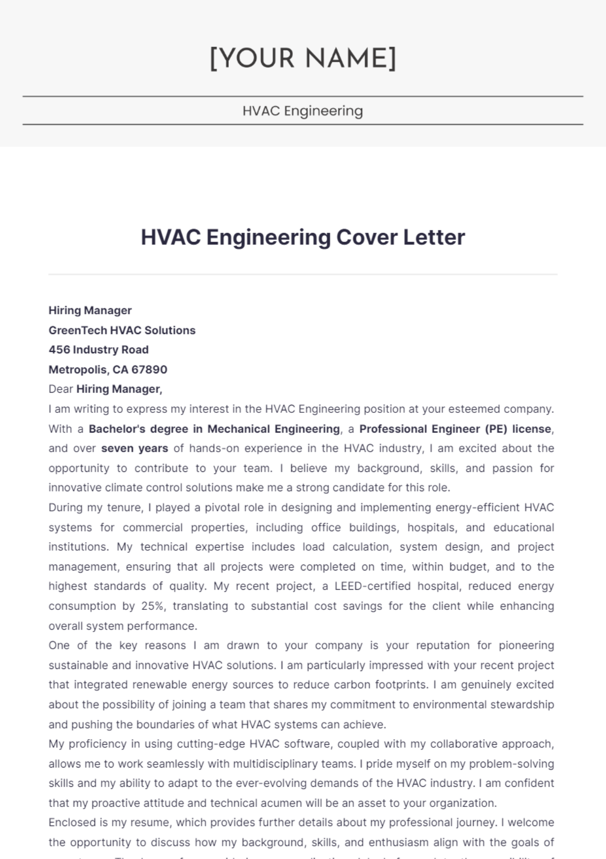 HVAC Engineering Cover Letter - Edit Online & Download