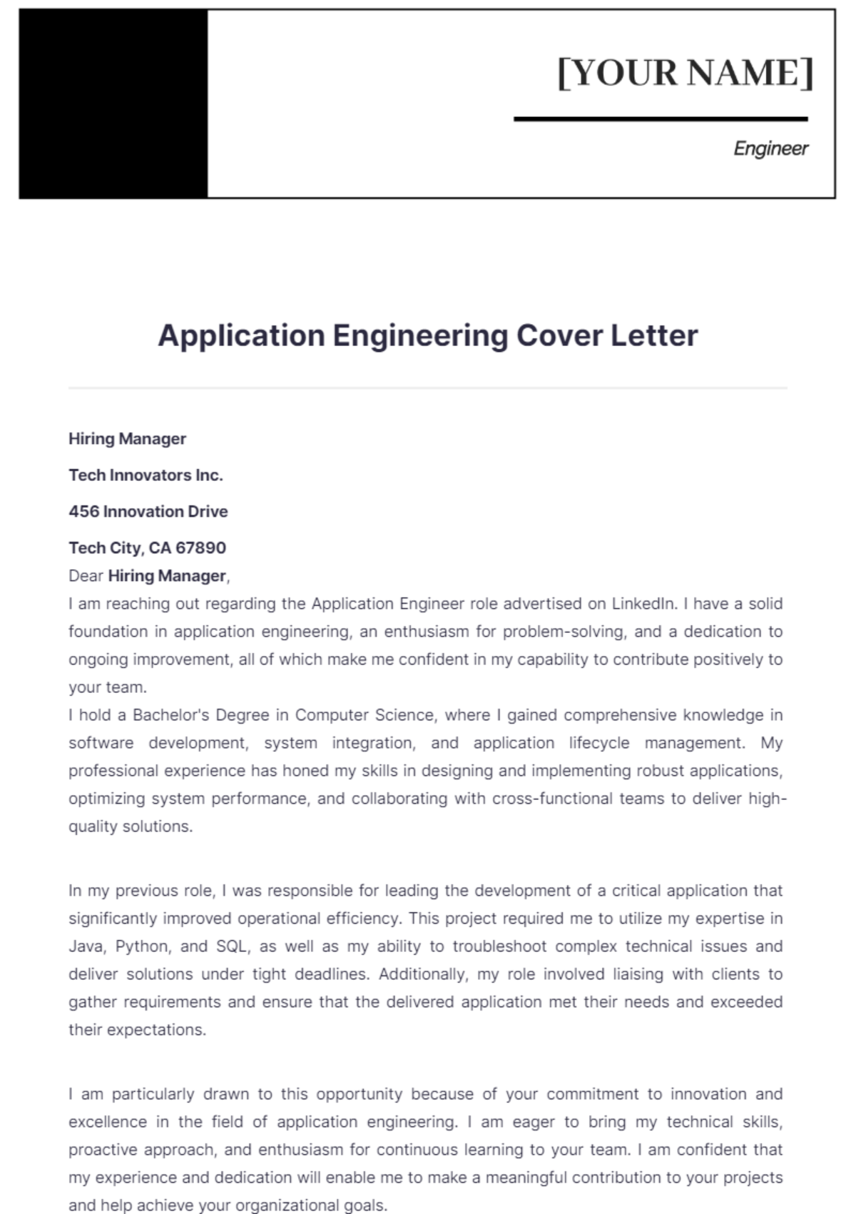 Application Engineering Cover Letter - Edit Online & Download