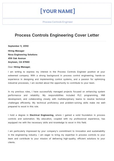 Free Process Controls Engineering Cover Letter to Edit Online