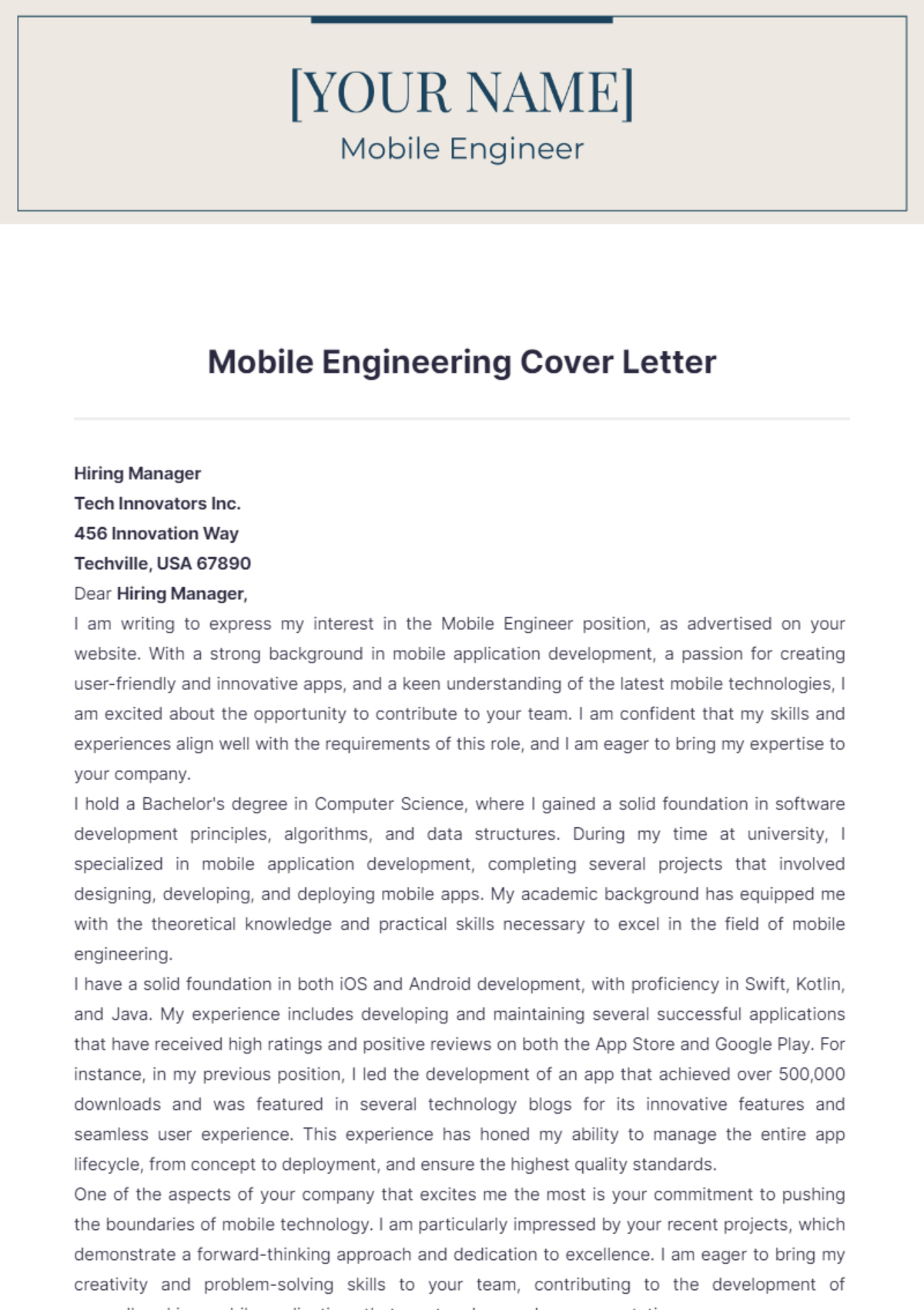 Mobile Engineering Cover Letter - Edit Online & Download