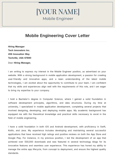 Free Mobile Engineering Cover Letter to Edit Online