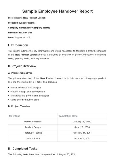Free Sample Employee Handover Report Template to Edit Online