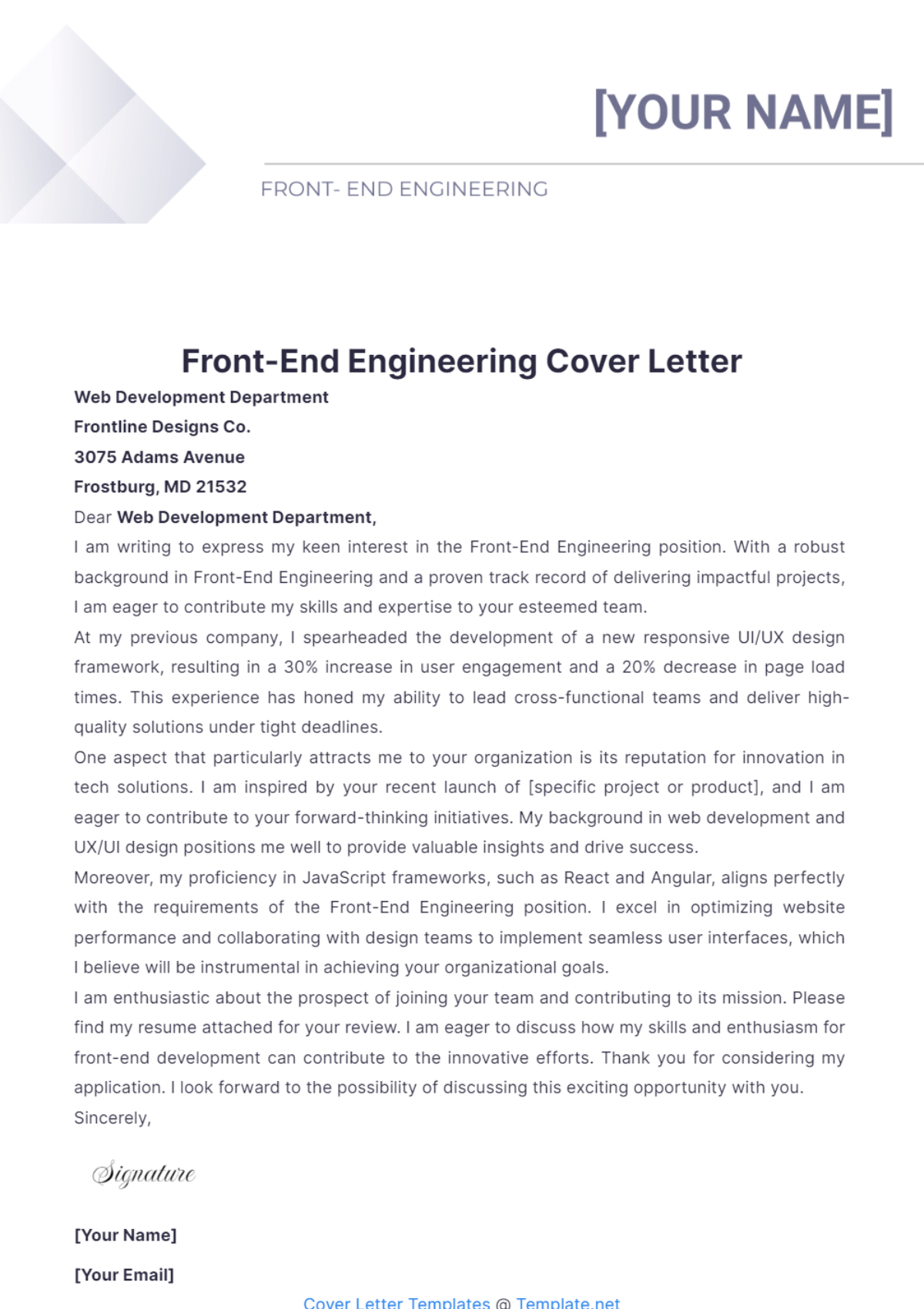 Front-End Engineering Cover Letter - Edit Online & Download