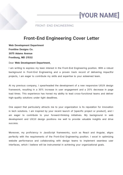 Free Front-End Engineering Cover Letter to Edit Online