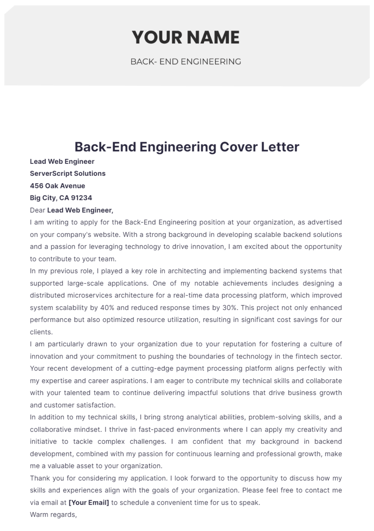 Back-End Engineering Cover Letter - Edit Online & Download