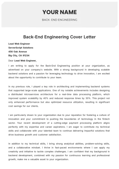 Free Back-End Engineering Cover Letter to Edit Online