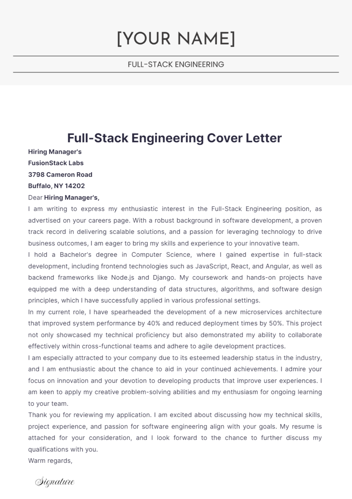 Full-Stack Engineering Cover Letter - Edit Online & Download