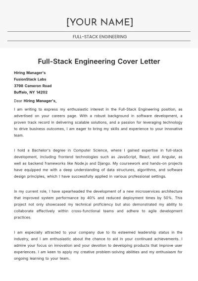 Free Full-Stack Engineering Cover Letter to Edit Online
