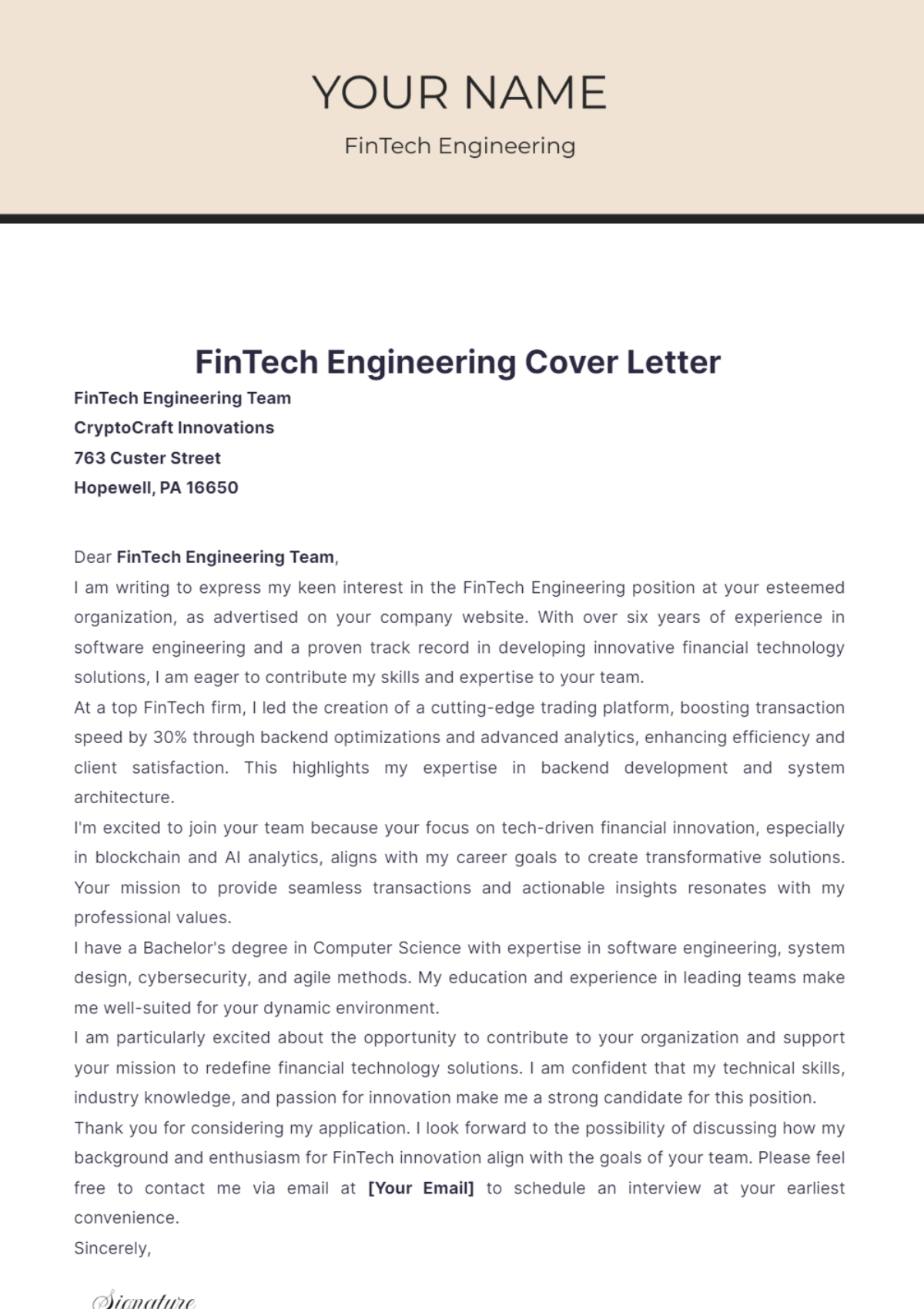 FinTech Engineering Cover Letter - Edit Online & Download