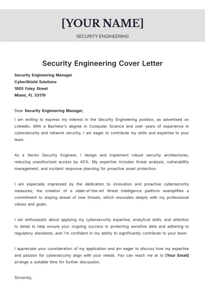 Free Security Engineering Cover Letter to Edit Online