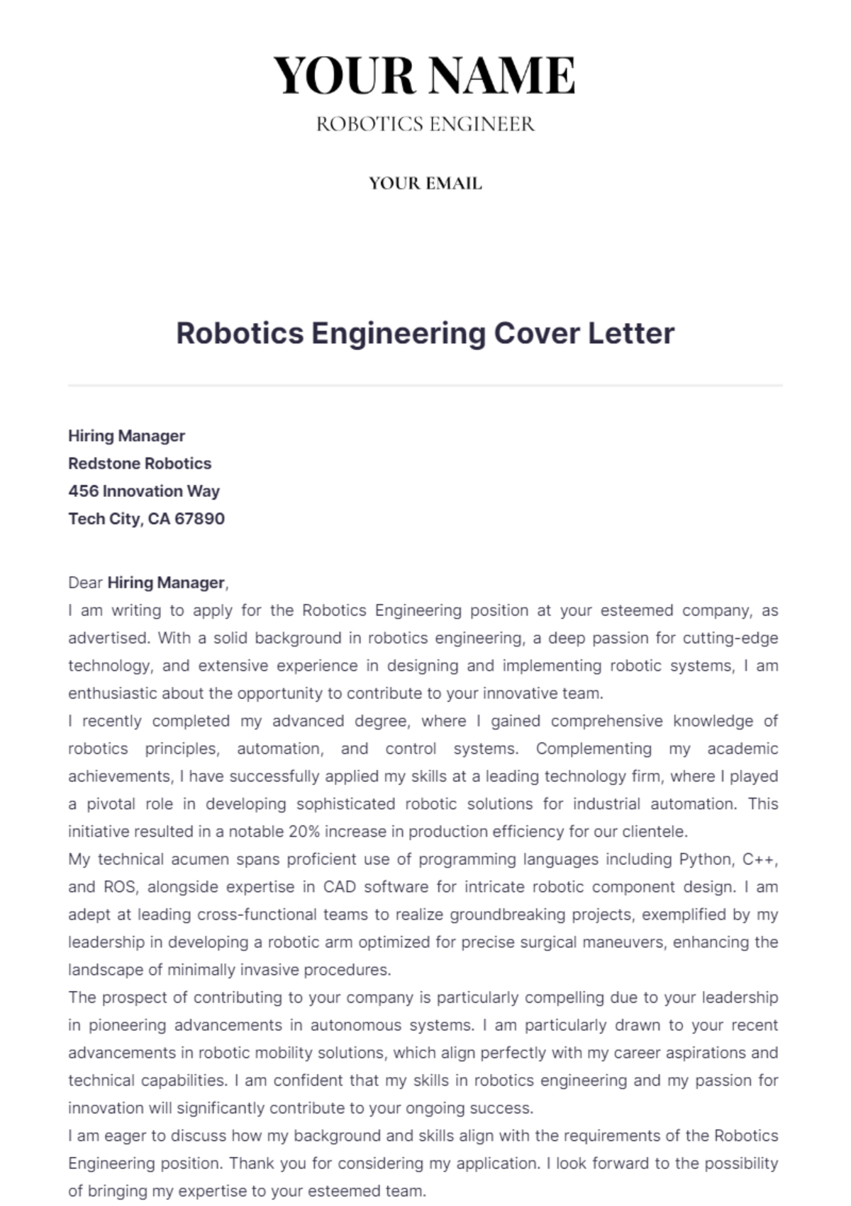 Robotics Engineering Cover Letter - Edit Online & Download