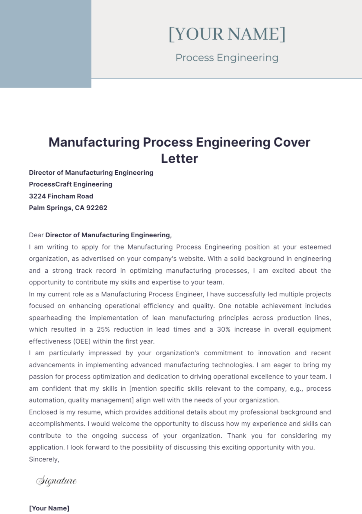 Manufacturing Process Engineering Cover Letter - Edit Online & Download