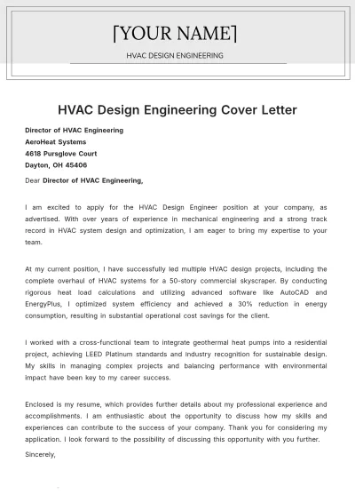 Free HVAC Design Engineering Cover Letter to Edit Online