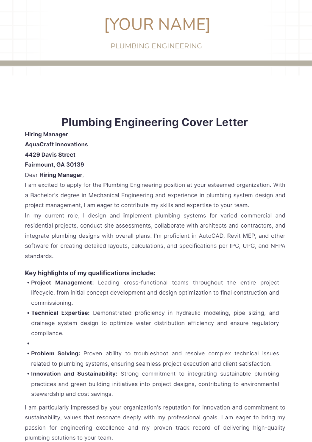 Plumbing Engineering Cover Letter - Edit Online & Download