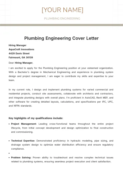 Free Plumbing Engineering Cover Letter to Edit Online
