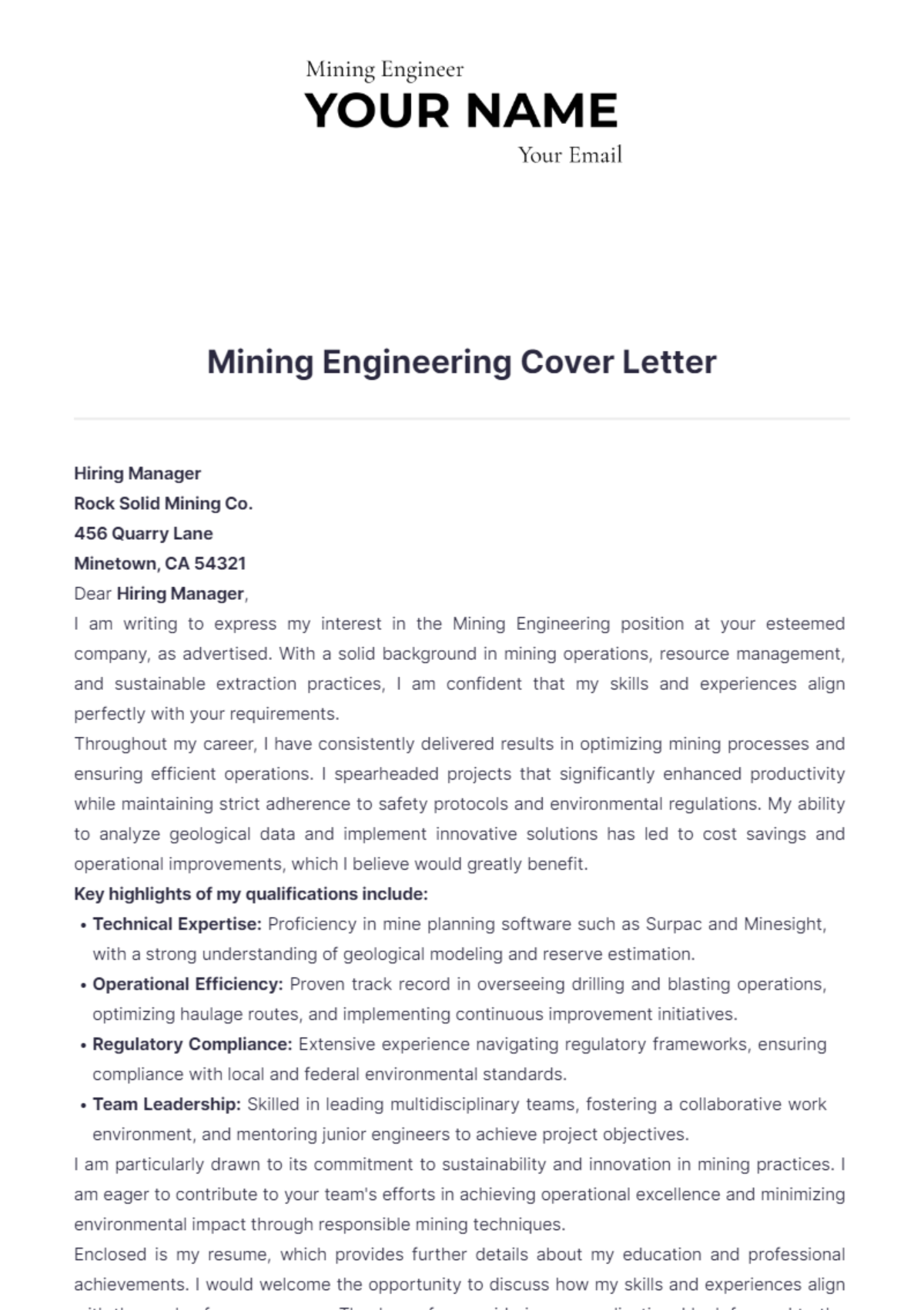 Mining Engineering Cover Letter - Edit Online & Download