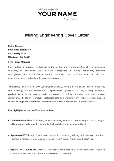 Free Mining Engineering Cover Letter to Edit Online