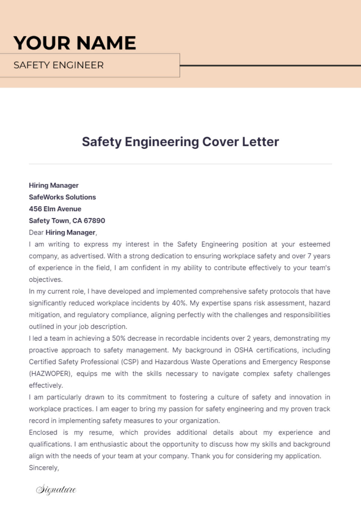 Safety Engineering Cover Letter - Edit Online & Download