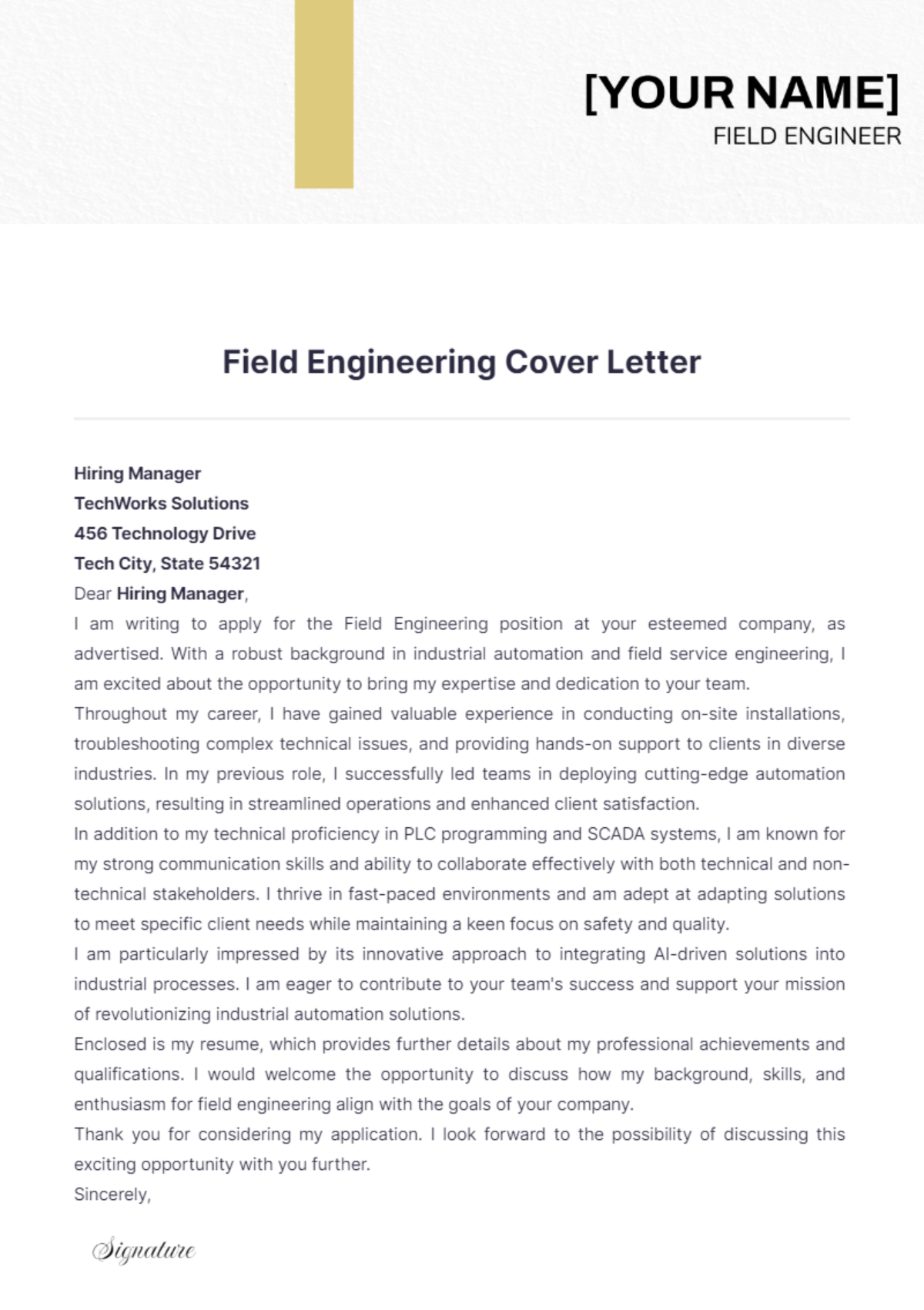 Field Engineering Cover Letter - Edit Online & Download