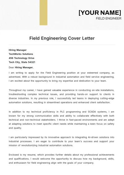 Free Field Engineering Cover Letter to Edit Online