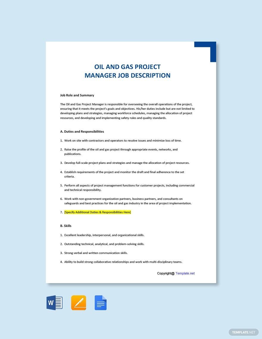 Oil and Gas Project Manager Job Ad and Description Template