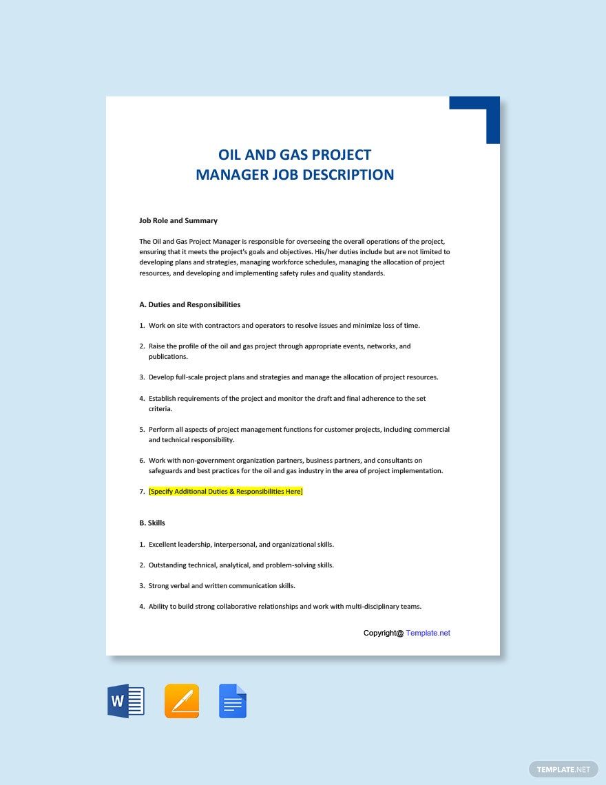 Oil And Gas Project Manager Job Ad And Description Template Google 