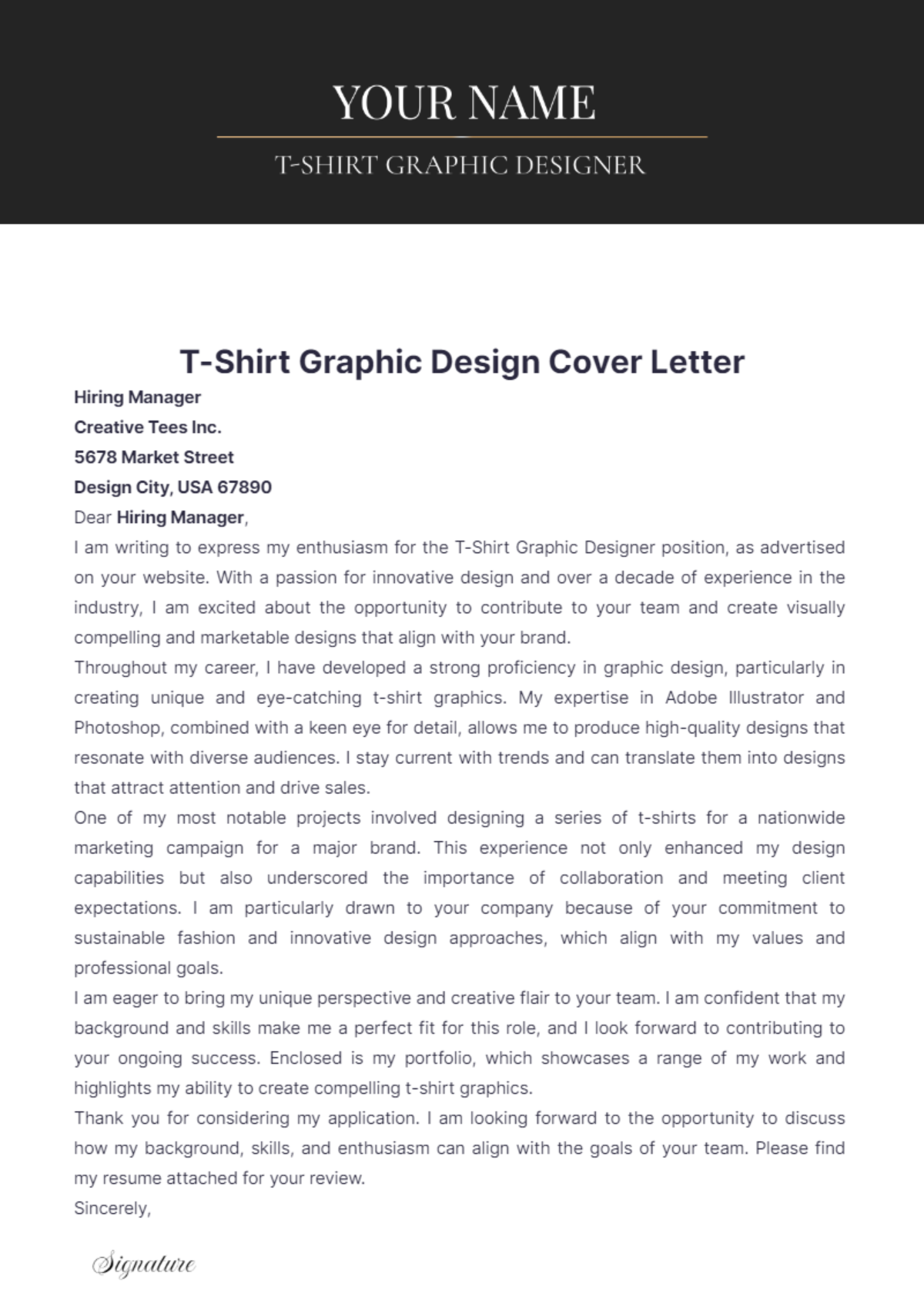 T-Shirt Graphic Design Cover Letter - Edit Online & Download