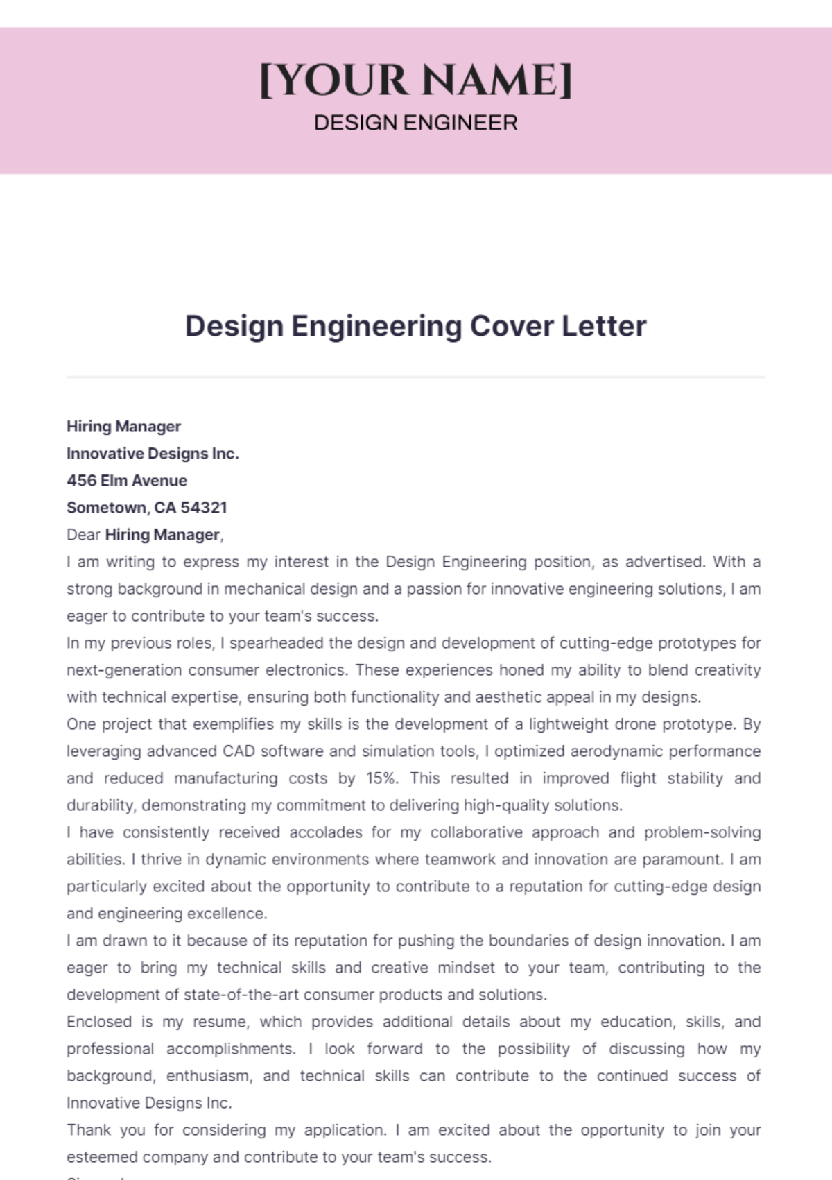 Design Engineering Cover Letter - Edit Online & Download