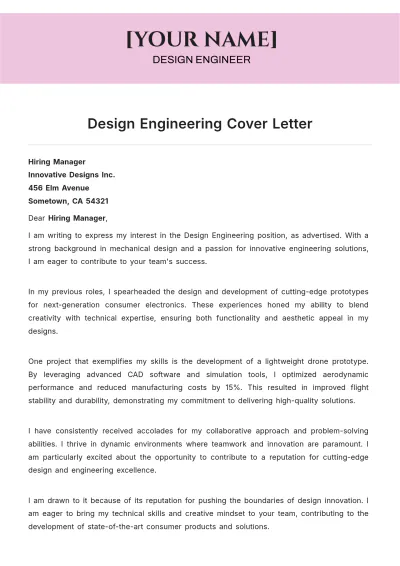 Free Design Engineering Cover Letter to Edit Online
