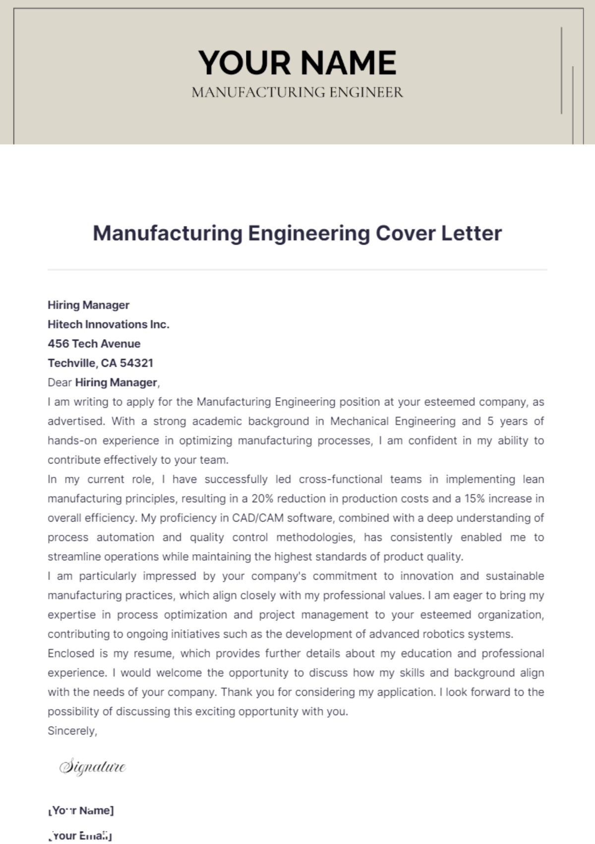 Manufacturing Engineering Cover Letter - Edit Online & Download