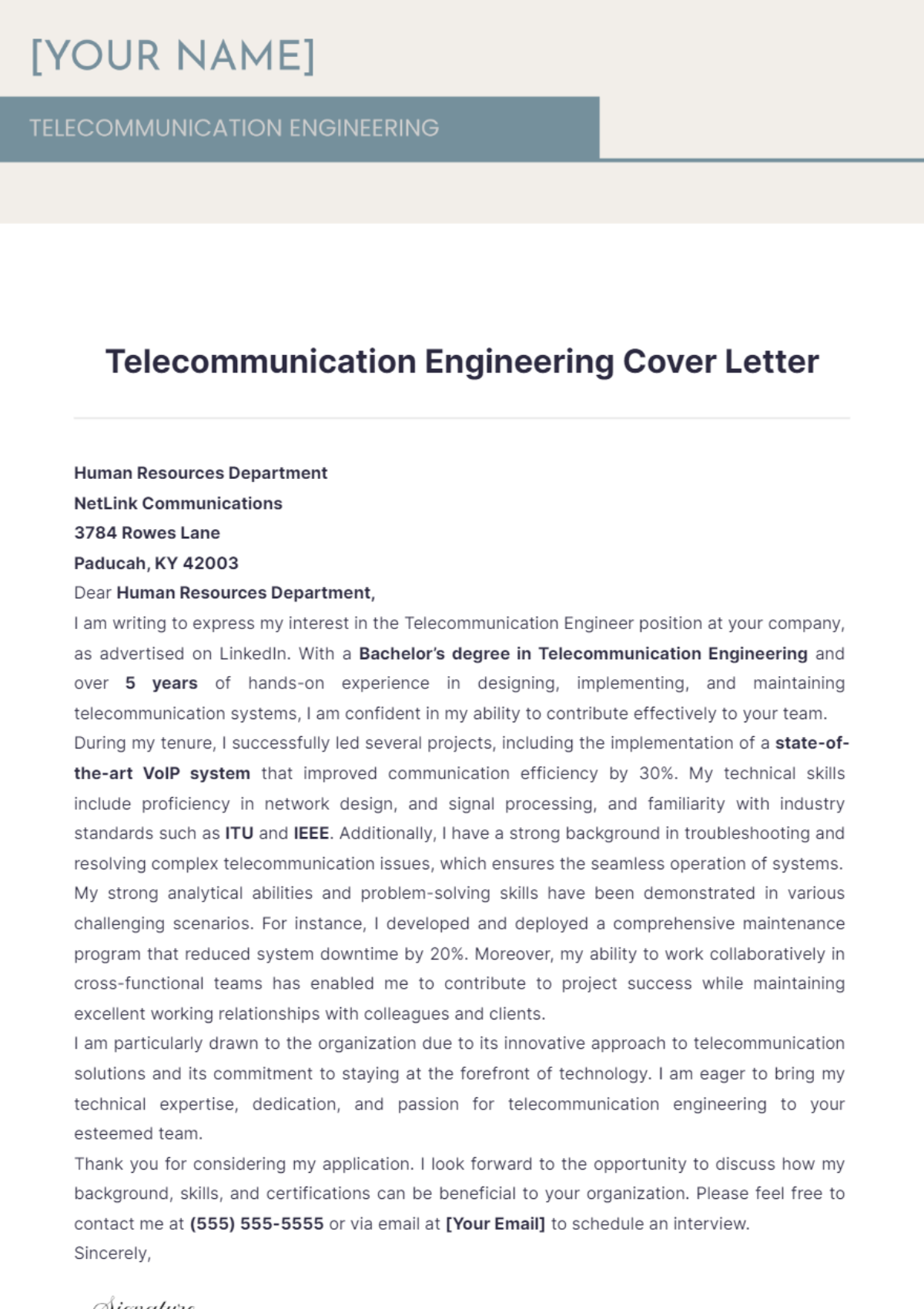 Telecommunication Engineering Cover Letter - Edit Online & Download