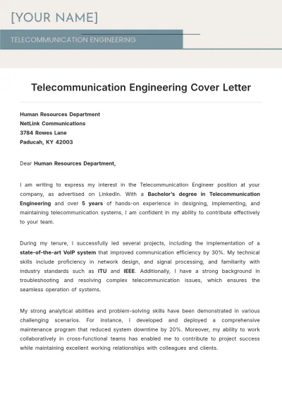 Free Telecommunication Engineering Cover Letter to Edit Online