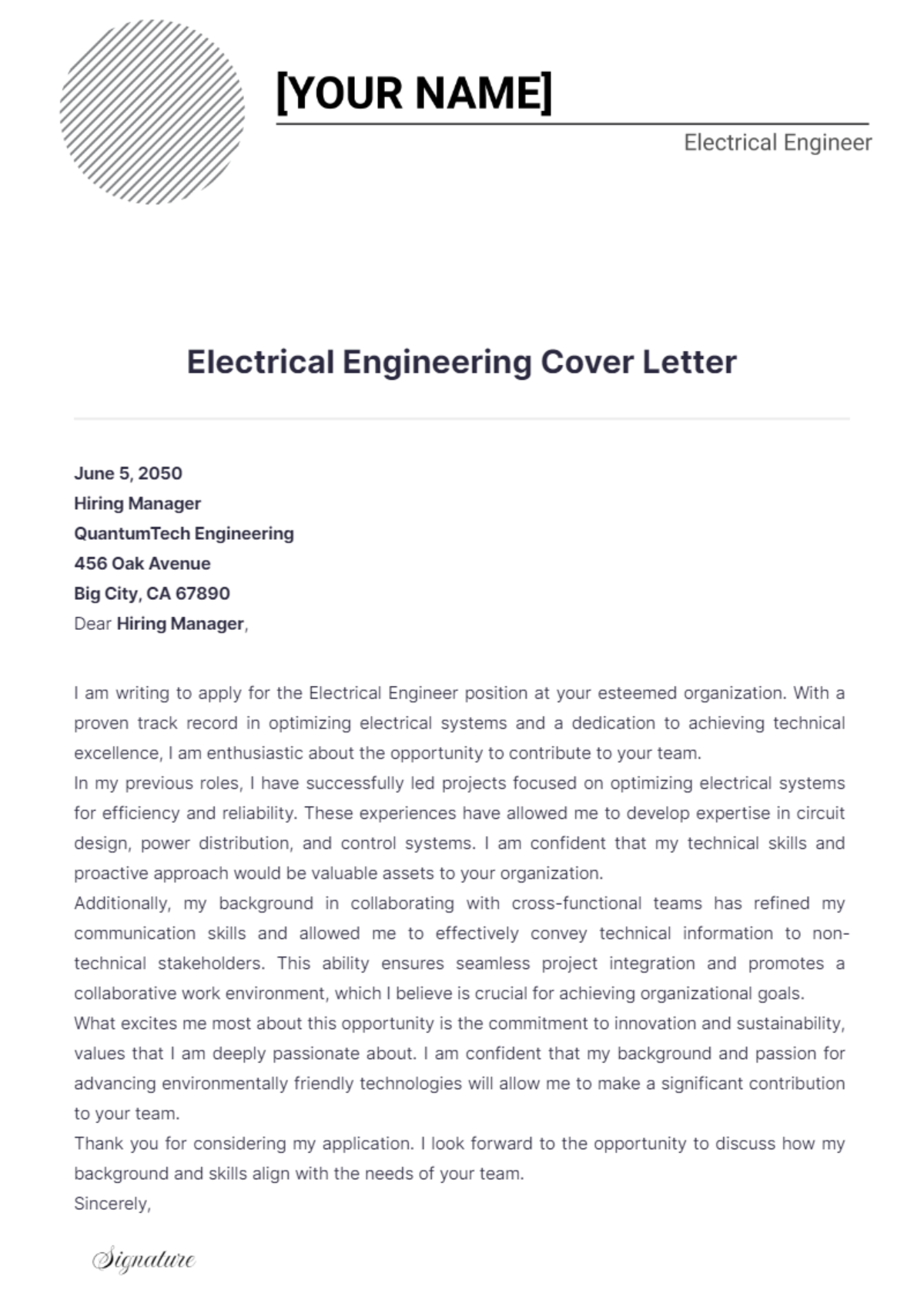 Electrical Engineering Cover Letter - Edit Online & Download