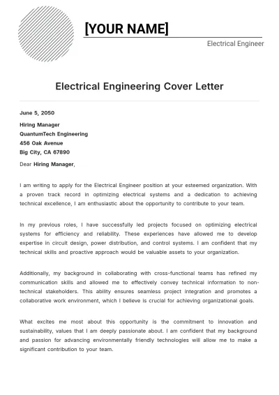 Free Electrical Engineering Cover Letter to Edit Online