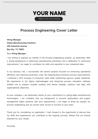 Free Process Engineering Cover Letter to Edit Online