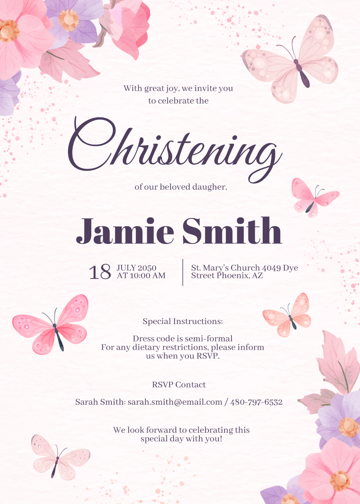 Pink Butterfly Christening Invitation