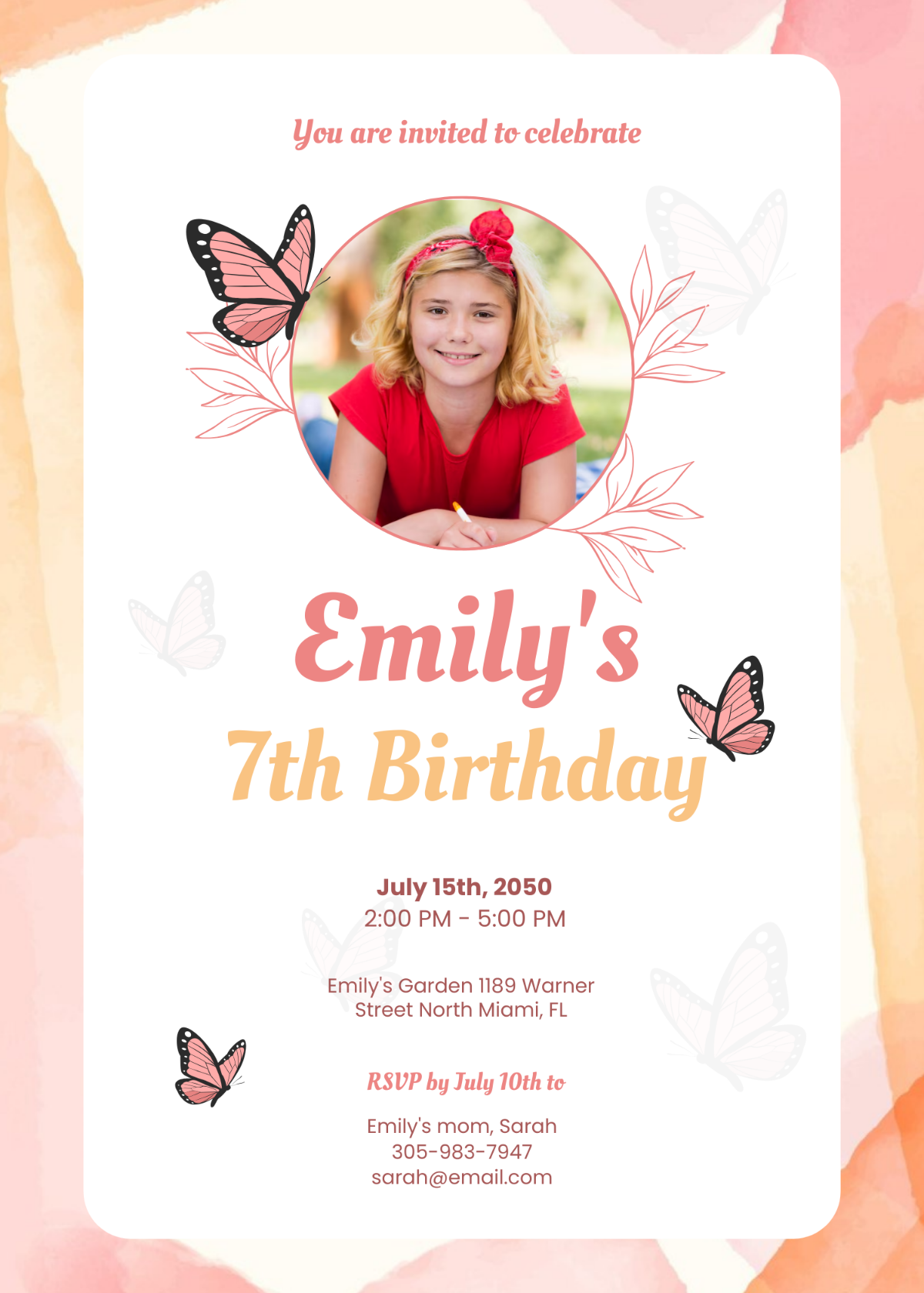 Butterfly 7th Birthday Invitation