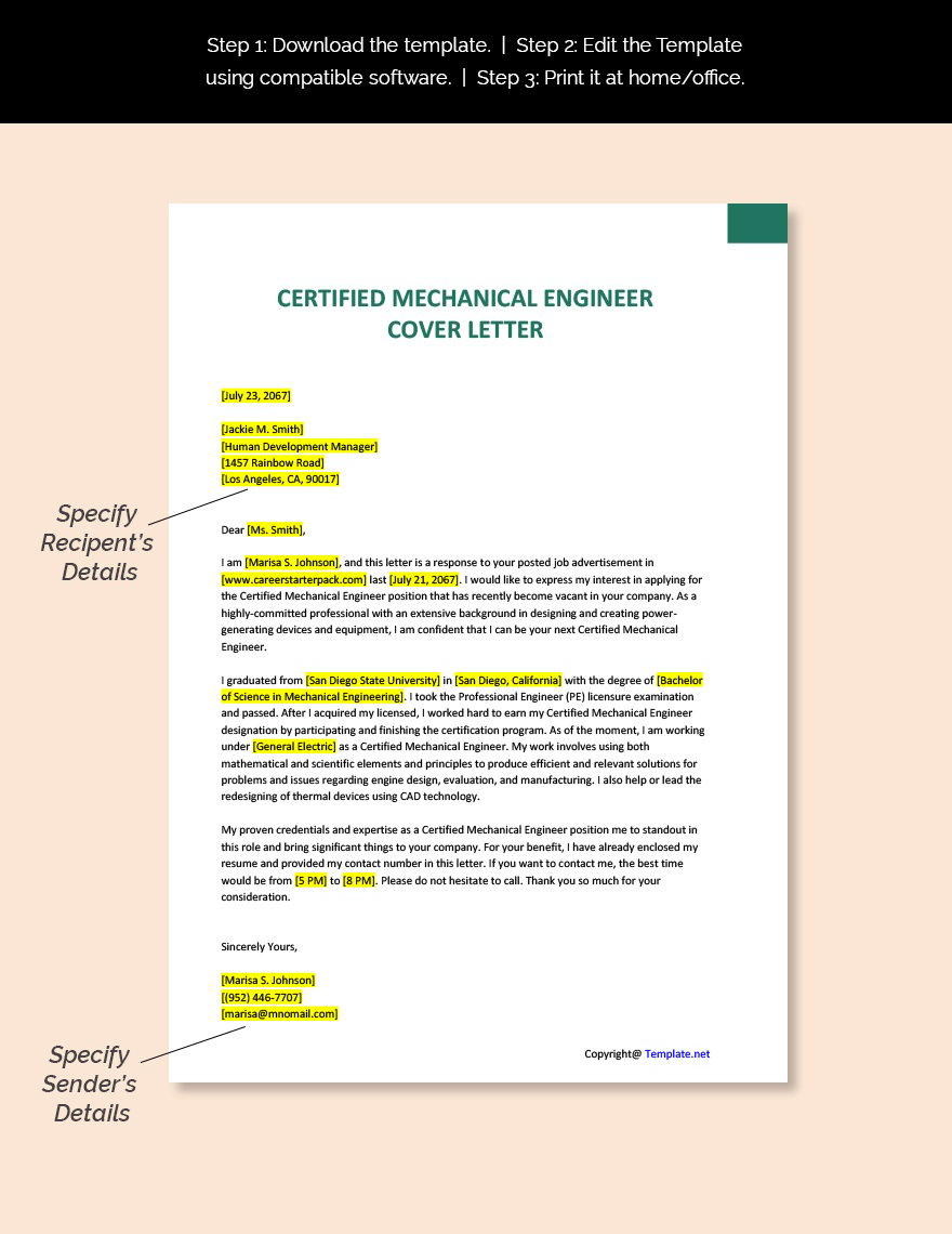 Certified Mechanical Engineer Cover Letter Template
