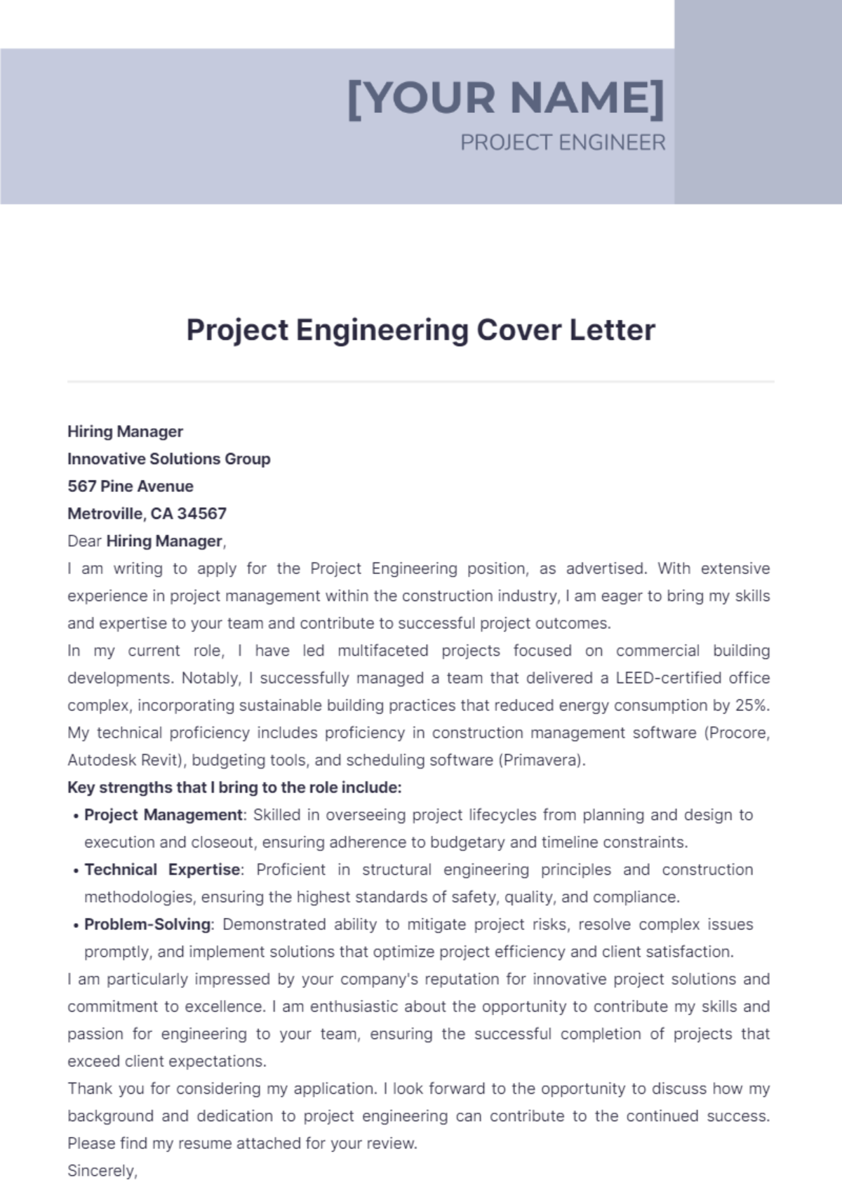 Project Engineering Cover Letter - Edit Online & Download