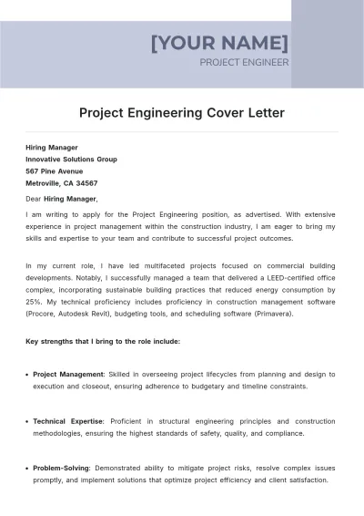 Free Project Engineering Cover Letter to Edit Online