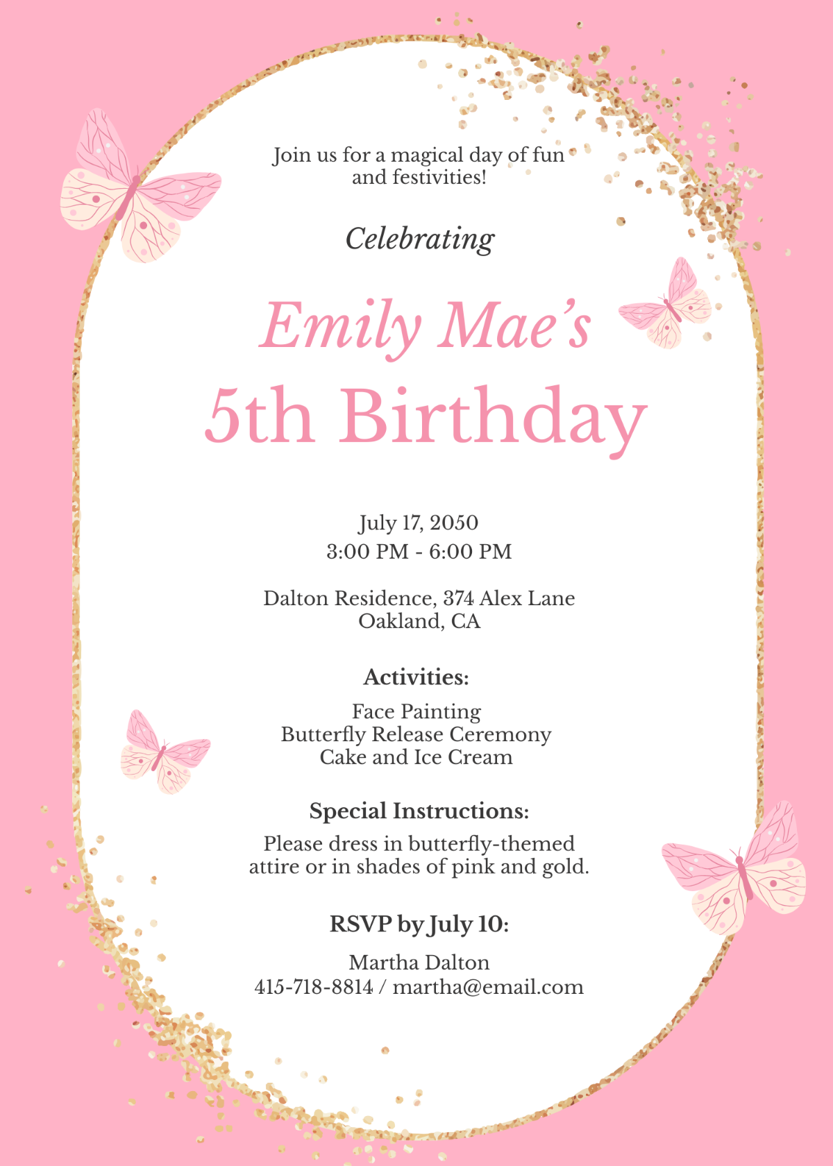 Pink And Gold Butterfly Invitation