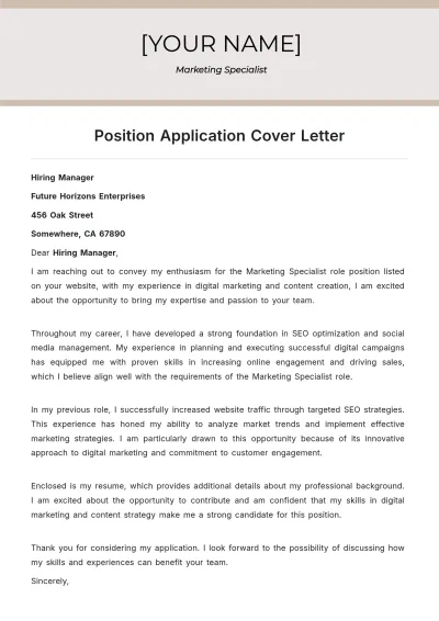 Free Position Application Cover Letter to Edit Online