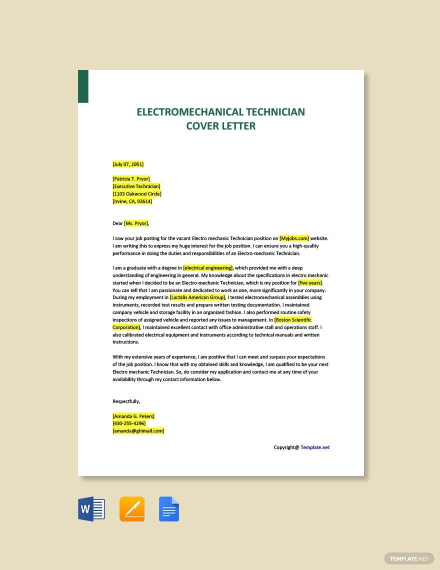 Electromechanical Technician Cover Letter