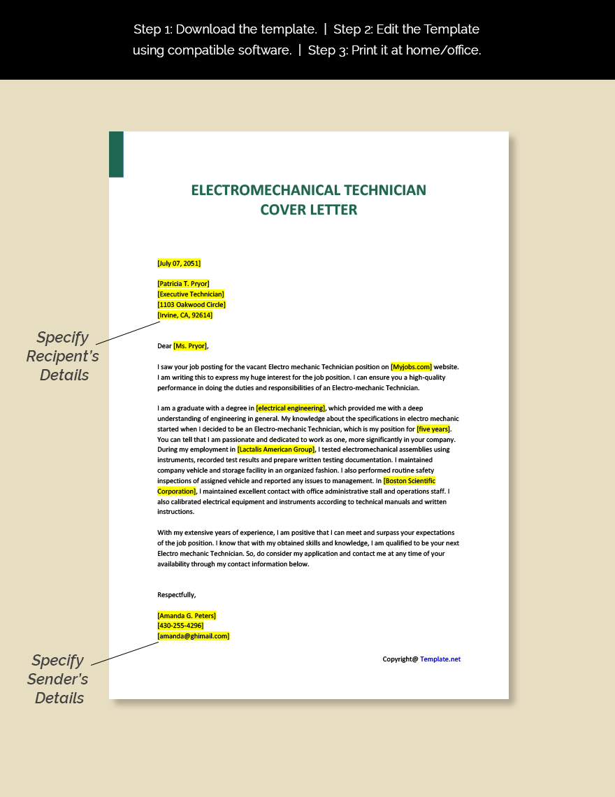 Electromechanical Technician Cover Letter Template